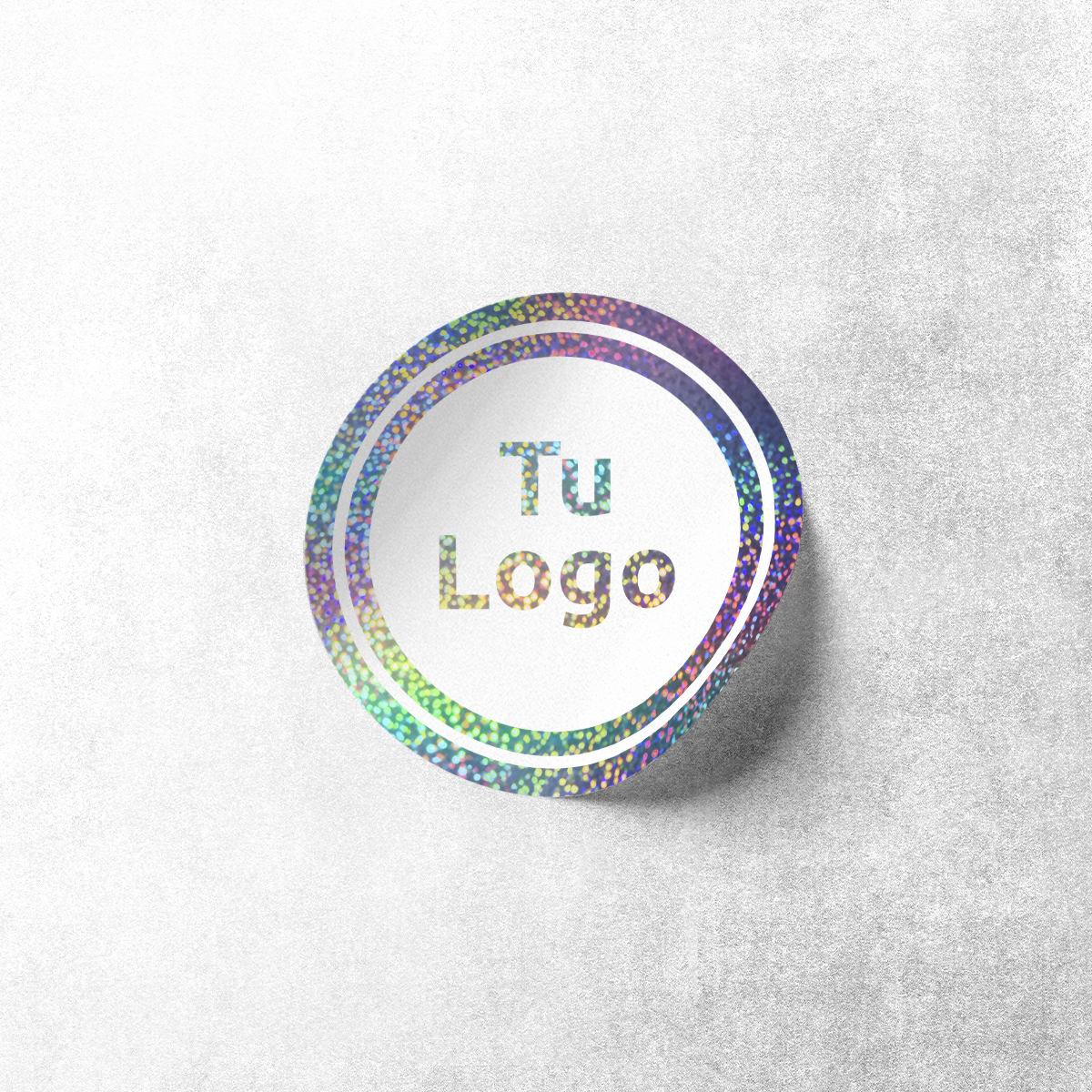 Etiqueta personalizada holográfica glitter con tinta blanca