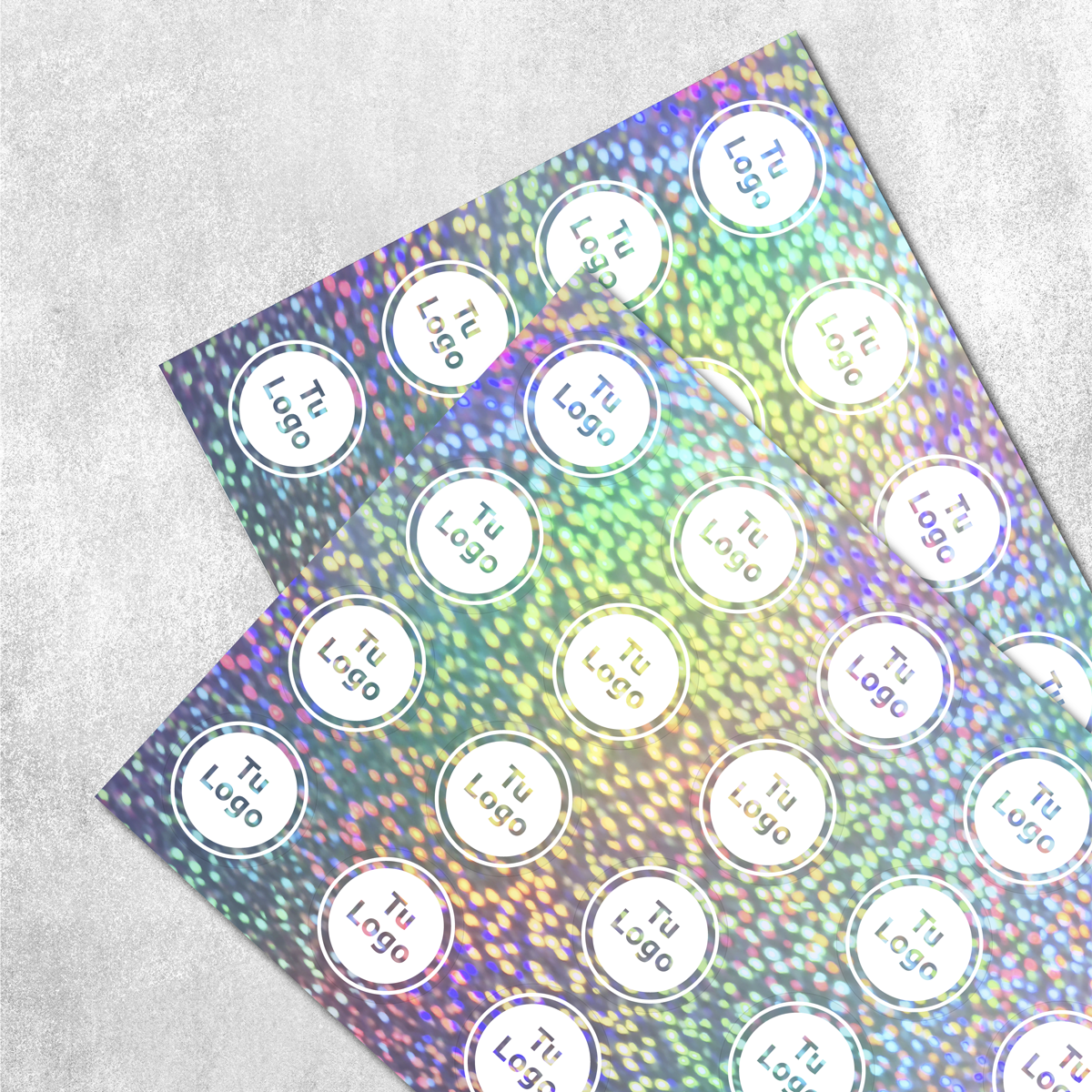 Etiqueta personalizada holográfica glitter con tinta blanca