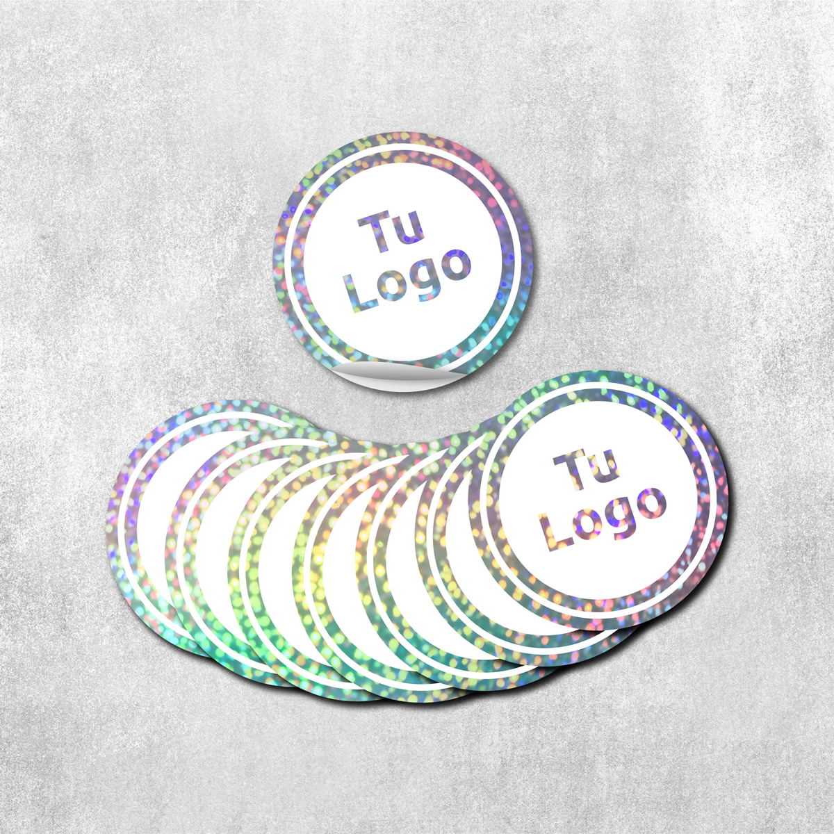 Etiqueta personalizada holográfica glitter con tinta blanca