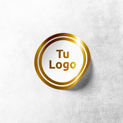 Etiqueta personalizada dorada metalizada con tinta blanca