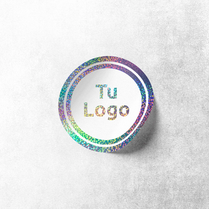 Etiqueta personalizada holográfica glitter con tinta blanca