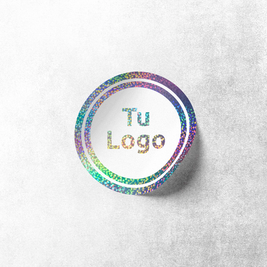 Etiqueta personalizada holográfica glitter con tinta blanca