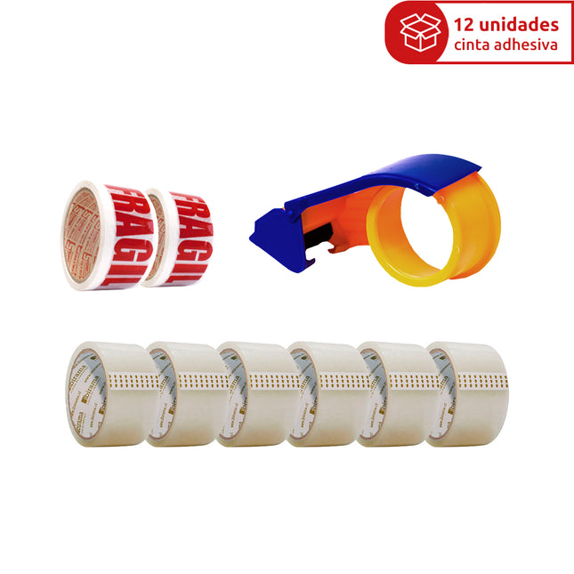 Pack 12 Cintas Adhesivas Ibirama + 2 Cintas Frágil + Dispensador Caracol (7586697609425)