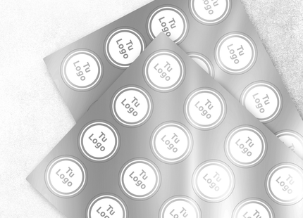 Etiqueta personalizada de papel plateado adhesivo con tinta blanca (7600676896977)