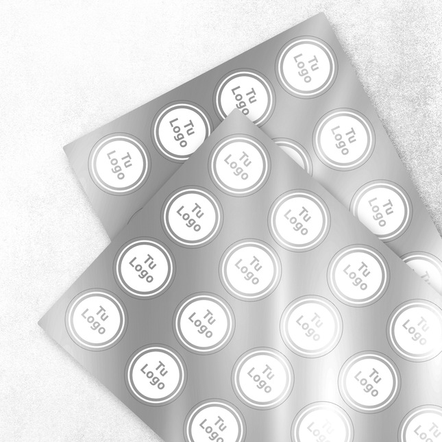 Etiqueta personalizada de papel plateado adhesivo con tinta blanca (7600676896977)