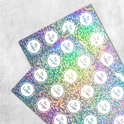 Etiqueta personalizada holográfica glitter con tinta blanca