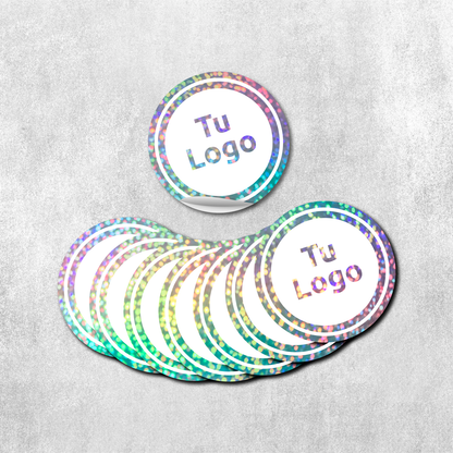 Etiqueta personalizada holográfica glitter con tinta blanca